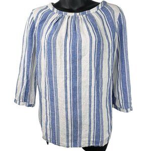 Linen Boden Striped 3/4 Sleeve Blue White Button Up Back Top COASTAL Women’s 6